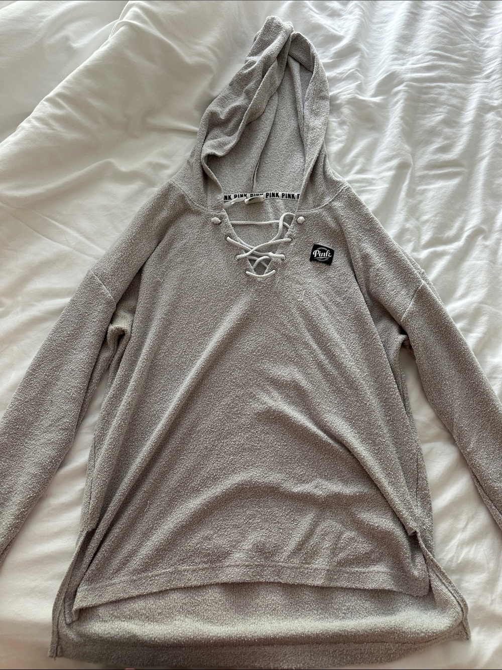 PINK Victoria's Secret Light Gray Lace-Up Hooded Sweater